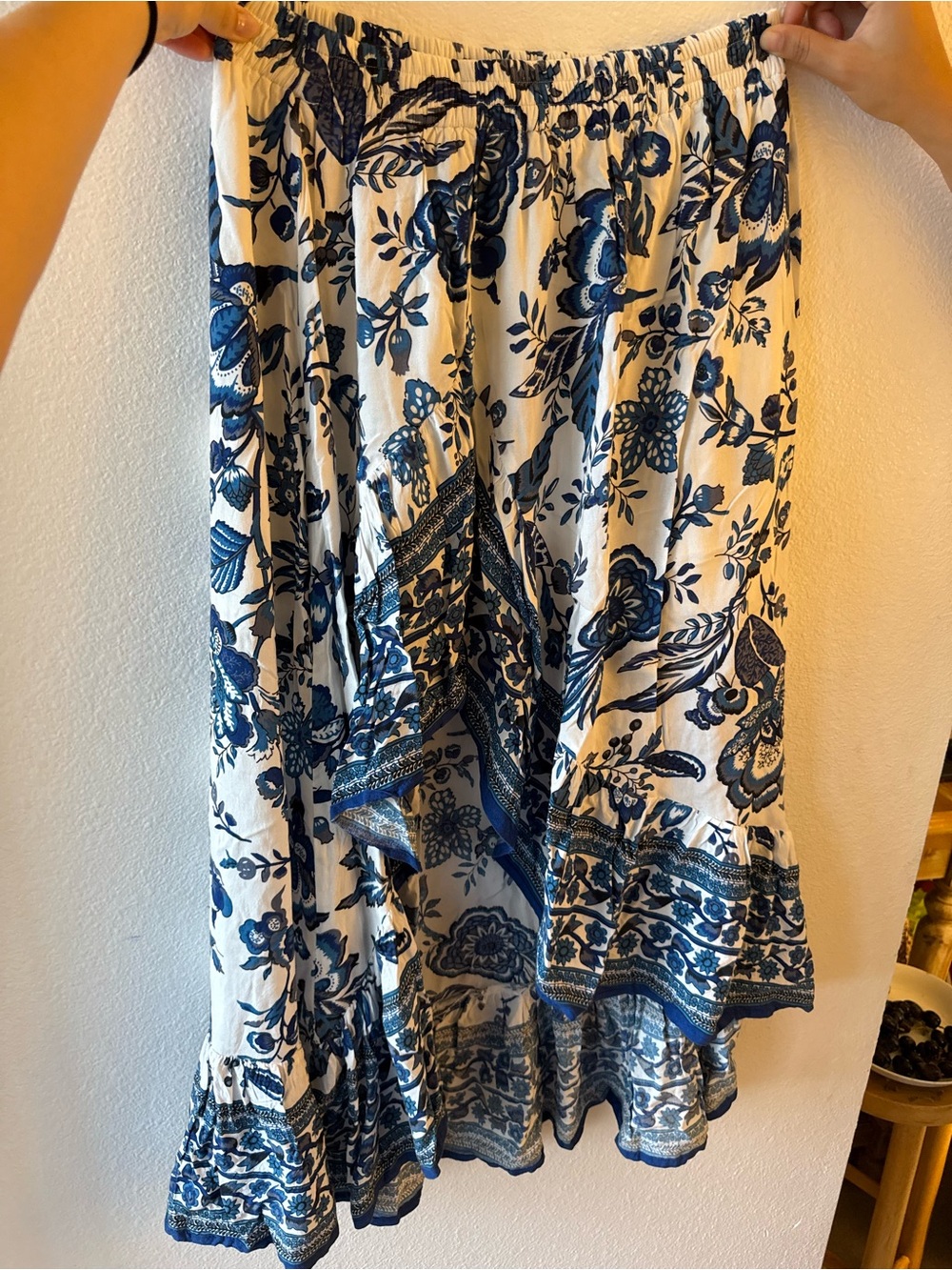 Boho cottagecore Blue and White Floral Tiered Maxi Skirt